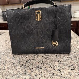 Michael Kors Black Embossed Logo Satchel with Gold Hardware
